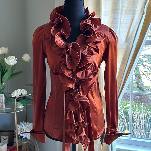 Rinascimento Satin Ruffled Front Button Down Blouse in Burnt Orange NWT - Picture 1 of 6
